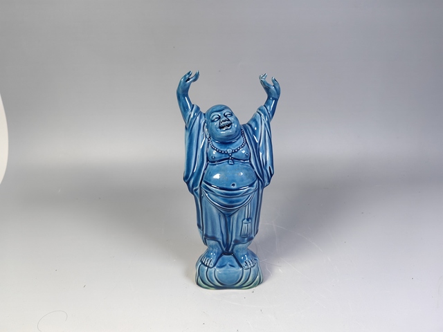 古玩陶瓷民國至創匯·孔雀藍笑彌勒佛雕塑真品鑒賞圖