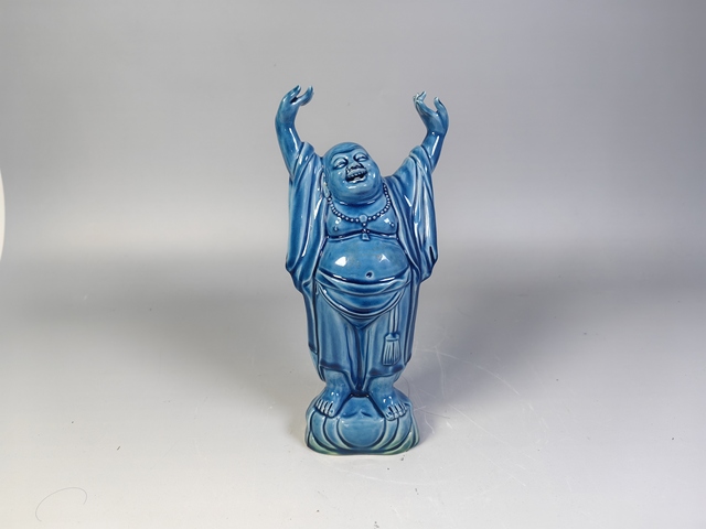 古玩陶瓷民國至創匯·孔雀藍笑彌勒佛雕塑真品鑒賞圖