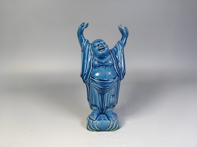 古玩陶瓷民國至創匯·孔雀藍笑彌勒佛雕塑真品鑒賞圖