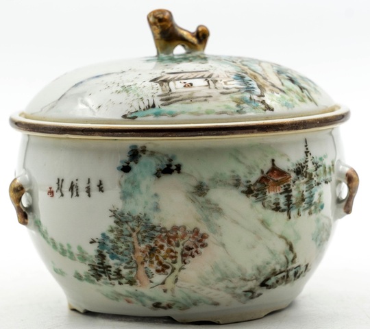 古玩陶瓷清晚期 淺絳彩名家程門山水暖鍋真品鑒賞圖
