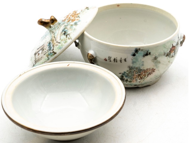古玩陶瓷清晚期 淺絳彩名家程門山水暖鍋真品鑒賞圖