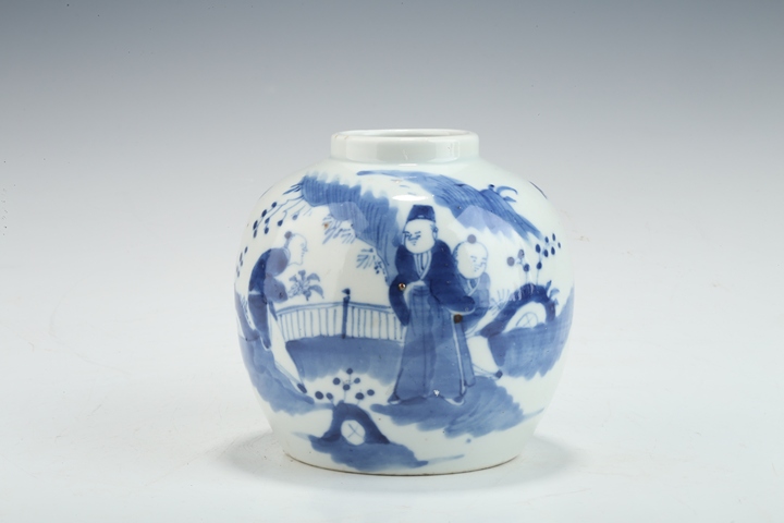 古玩陶瓷清晚·青花陶淵明愛菊紋罐真品鑒賞圖