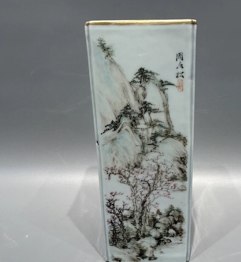 古玩陶瓷淺絳山水人物詩文四方帽筒真品鑒賞圖