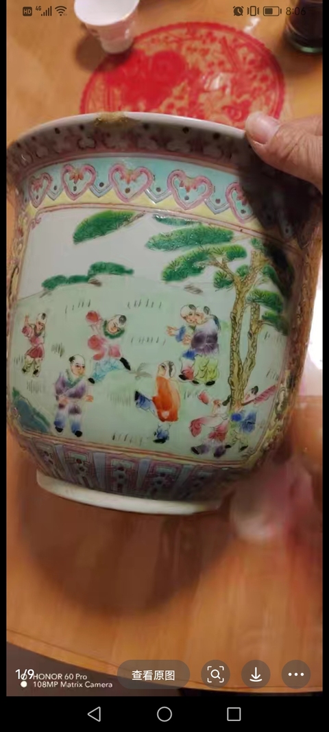 古玩陶瓷嬰戲紋粉彩花盆真品鑒賞圖