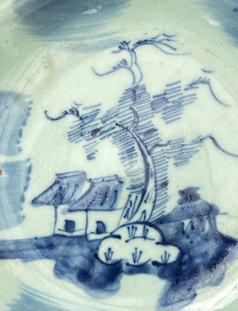 古玩陶瓷豆青釉青花山水紋盤真品鑒賞圖