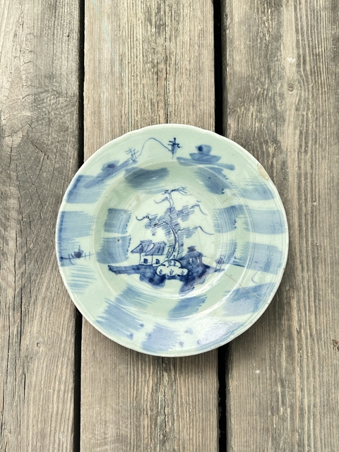 古玩陶瓷豆青釉青花山水紋盤真品鑒賞圖