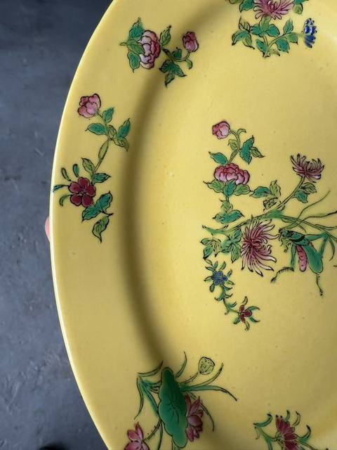古玩陶瓷一鳴驚人黃地粉彩盤真品鑒賞圖