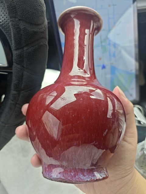 古玩陶瓷晚清窯變紅釉長頸撇口瓶拍賣，當前價格8888元