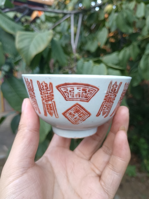 古玩陶瓷礬紅壽字杯真品鑒賞圖