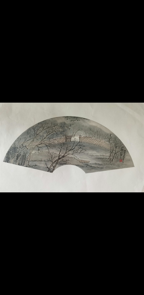 古玩字畫南開大學東方藝術學院教授中美協(xié)會員陳玉圃風景扇面拍賣，當前價格3000元