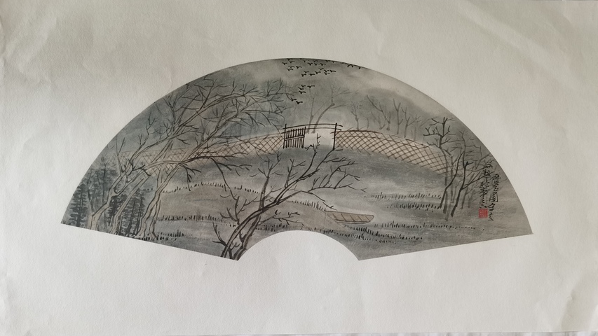 古玩字畫南開大學東方藝術學院教授中美協(xié)會員陳玉圃風景扇面拍賣，當前價格3000元