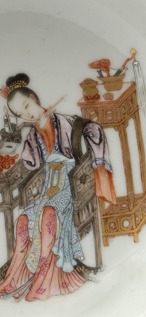 古玩陶瓷清乾隆廣彩仕女故事圖盤真品鑒賞圖