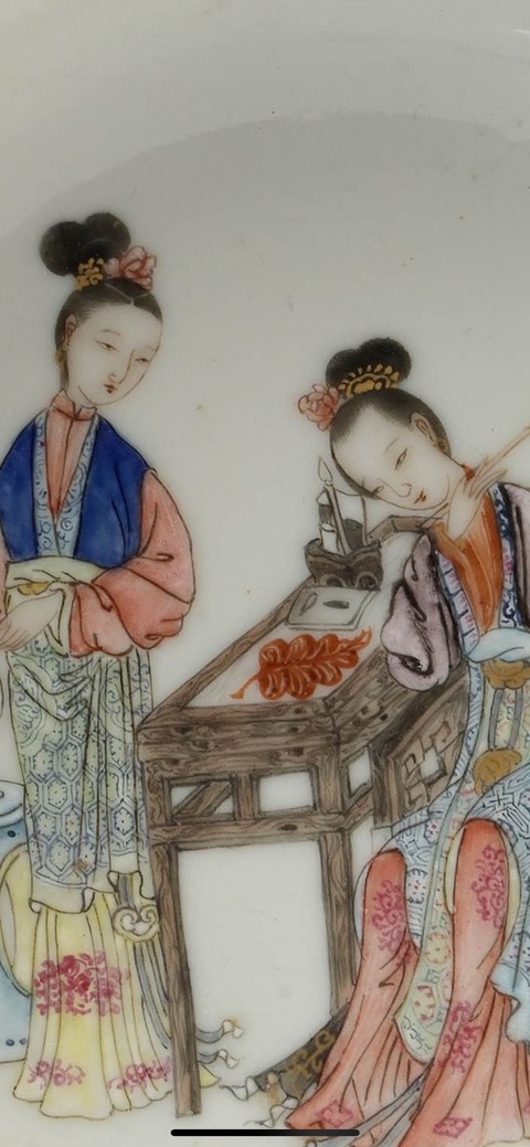 古玩陶瓷清乾隆廣彩仕女故事圖盤真品鑒賞圖