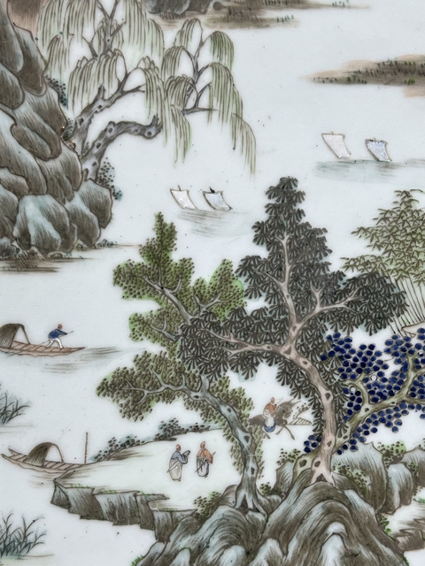 古玩陶瓷民國 粉彩青綠山水紋瓷板真品鑒賞圖