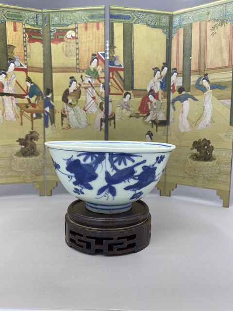 古玩陶瓷明嘉萬時期 青花花鳥紋茶碗拍賣，當前價格5277元