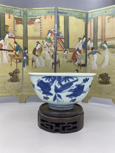 古玩陶瓷明嘉萬時期 青花花鳥紋茶碗拍賣，當前價格5277元
