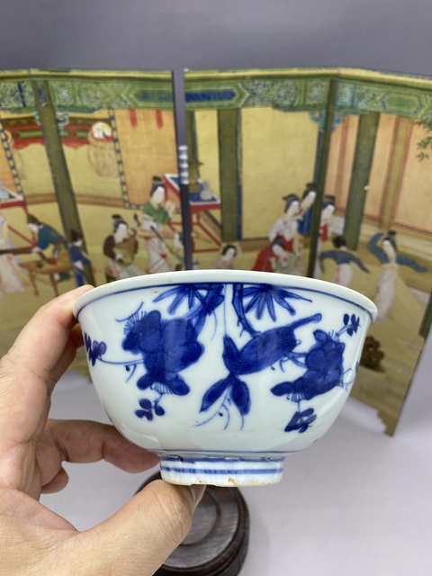 古玩陶瓷明嘉萬時期 青花花鳥紋茶碗拍賣，當前價格5277元