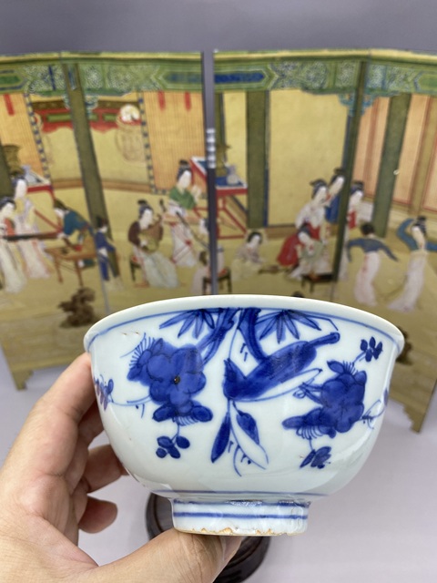 古玩陶瓷明嘉萬時期 青花花鳥紋茶碗拍賣，當前價格5277元