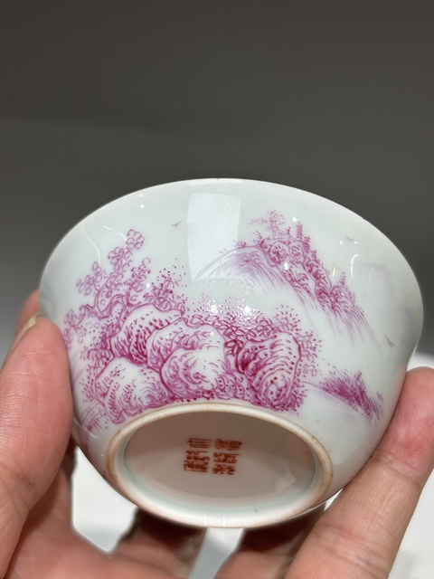 古玩陶瓷胭脂紅彩山水紋臥足杯真品鑒賞圖