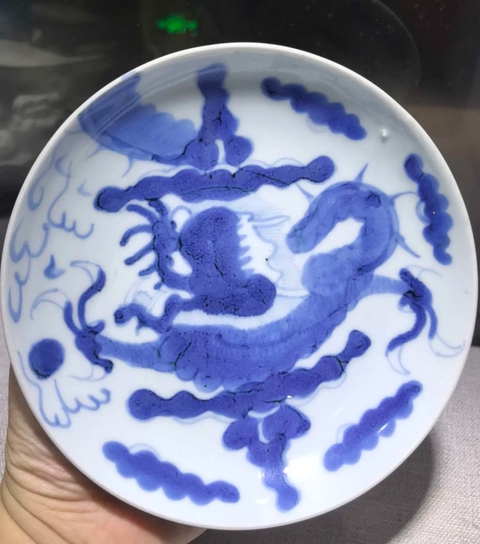 古玩陶瓷德化窯青花過墻龍紋盤真品鑒賞圖