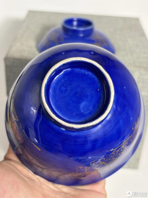 古玩陶瓷清中期霽藍描金花卉紋蓋碗真品鑒賞圖