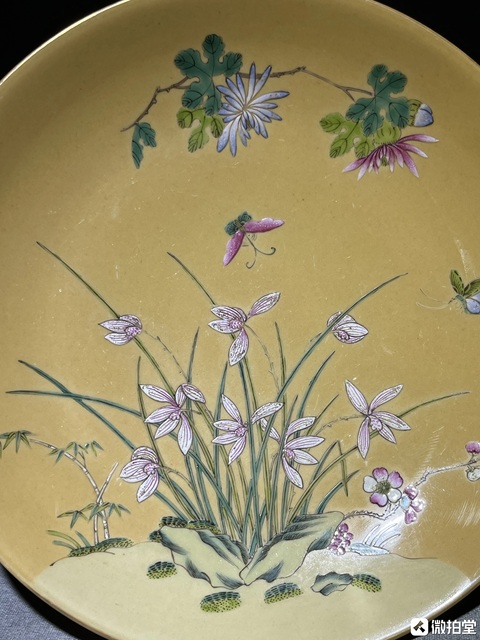 古玩陶瓷黃地粉彩蝶戀花紋盤真品鑒賞圖