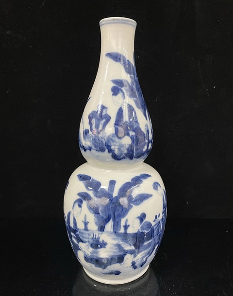 古玩陶瓷青花洞石芭蕉美女人物故事紋葫蘆瓶真品鑒賞圖