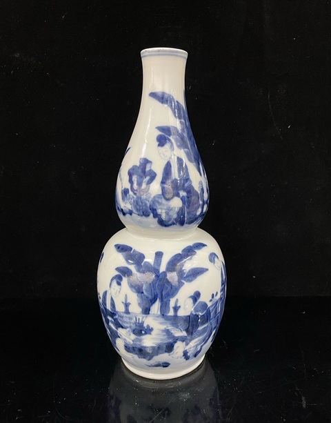 古玩陶瓷青花洞石芭蕉美女人物故事紋葫蘆瓶真品鑒賞圖