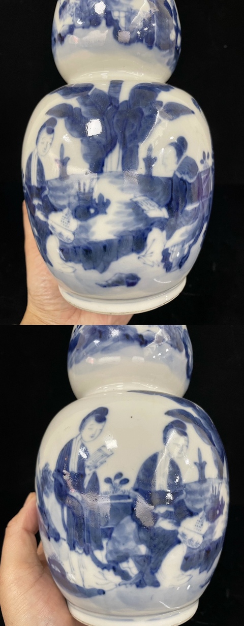 古玩陶瓷青花洞石芭蕉美女人物故事紋葫蘆瓶真品鑒賞圖