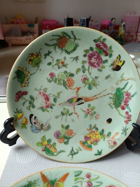 古玩陶瓷豆青釉花鳥蝶紋廣彩盤真品鑒賞圖