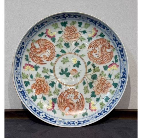 古玩陶瓷青花粉彩鳳凰牡丹紋盤真品鑒賞圖
