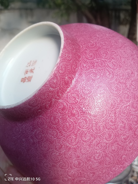 古玩陶瓷胭脂紅軋道纏枝蓮紋碗真品鑒賞圖