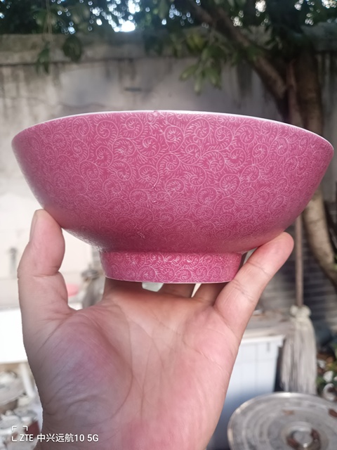 古玩陶瓷胭脂紅軋道纏枝蓮紋碗真品鑒賞圖