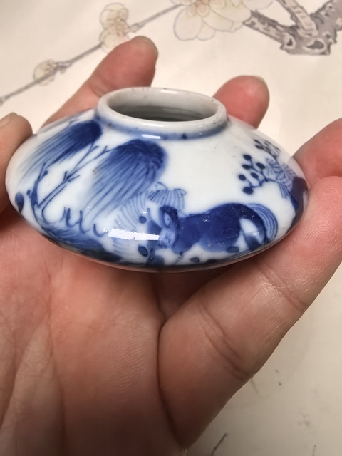 古玩陶瓷青花柳蔭雙駿圖水盂真品鑒賞圖