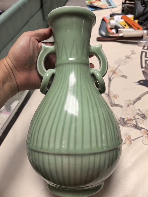 古玩陶瓷青釉雙耳盤口瓶拍賣，當前價格800元