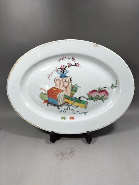 古玩陶瓷粉彩博古圖折沿盤真品鑒賞圖