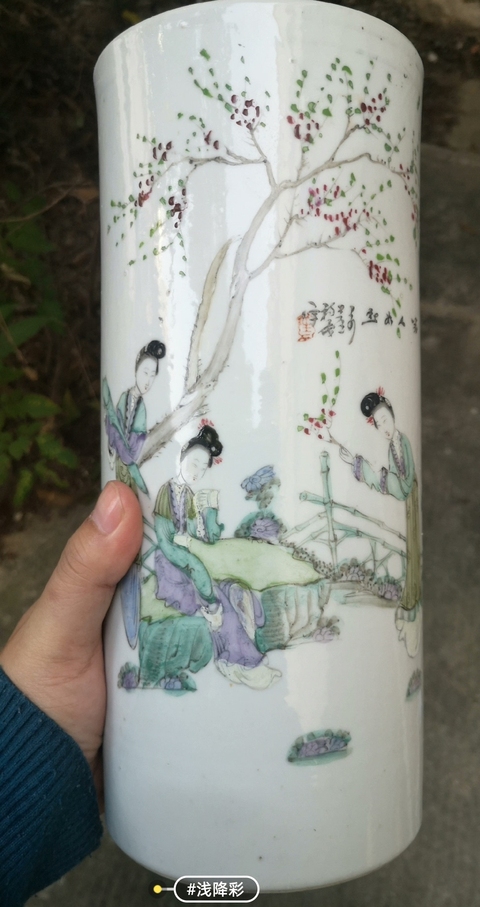 古玩陶瓷粉彩人物故事紋帽筒真品鑒賞圖