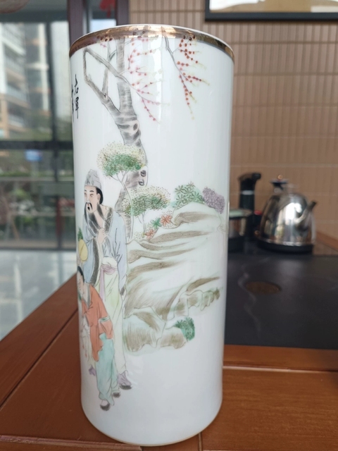 古玩陶瓷粉彩人物故事紋帽筒真品鑒賞圖