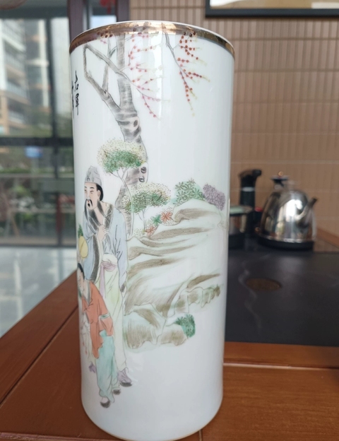 古玩陶瓷粉彩人物故事紋帽筒真品鑒賞圖