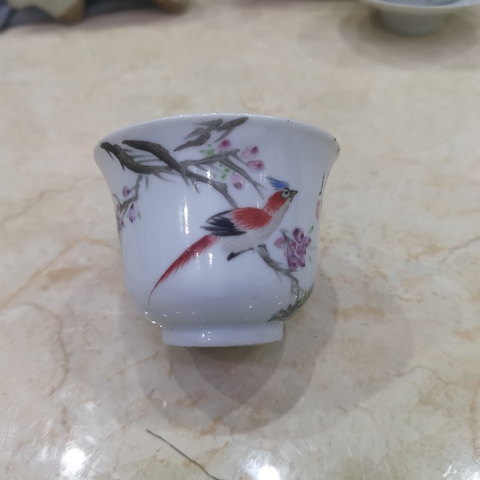 古玩陶瓷淺絳彩花鳥詩文杯真品鑒賞圖