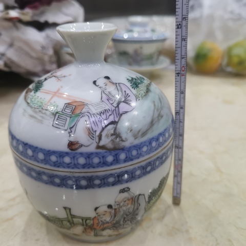 古玩陶瓷淺絳彩人物故事紋蓋缸真品鑒賞圖