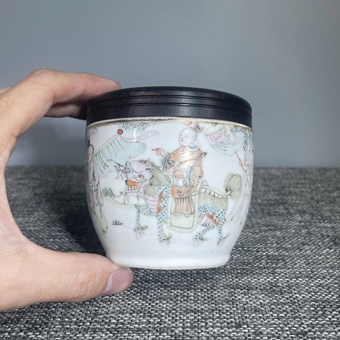 古玩陶瓷粉彩麒麟送子圖紋蓋缸真品鑒賞圖