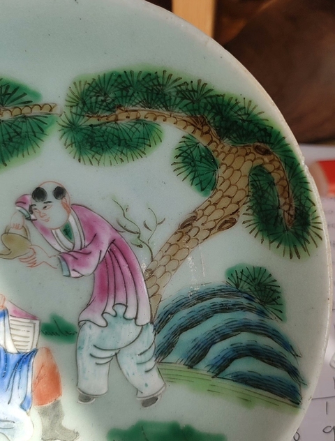 古玩陶瓷太白醉酒豆青釉粉彩盤真品鑒賞圖