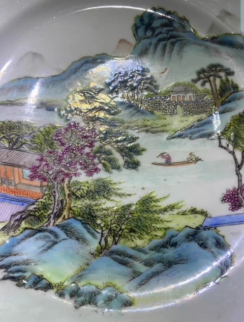 古玩陶瓷粉彩山水人物折沿盤真品鑒賞圖