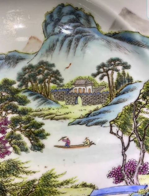 古玩陶瓷粉彩山水人物折沿盤真品鑒賞圖