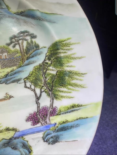 古玩陶瓷粉彩山水人物折沿盤真品鑒賞圖
