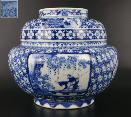 古玩陶瓷人物花鳥紋青花罐真品鑒賞圖