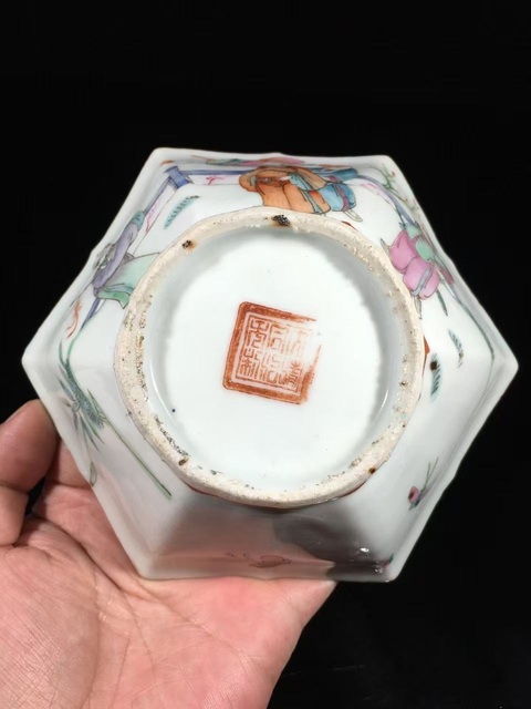 古玩陶瓷粉彩人物六方碗真品鑒賞圖