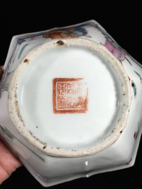 古玩陶瓷粉彩人物六方碗真品鑒賞圖
