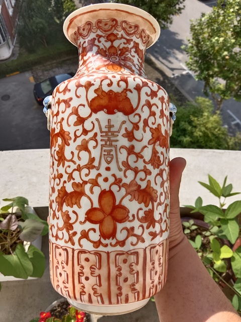 古玩陶瓷礬紅纏枝花卉雙耳瓶真品鑒賞圖